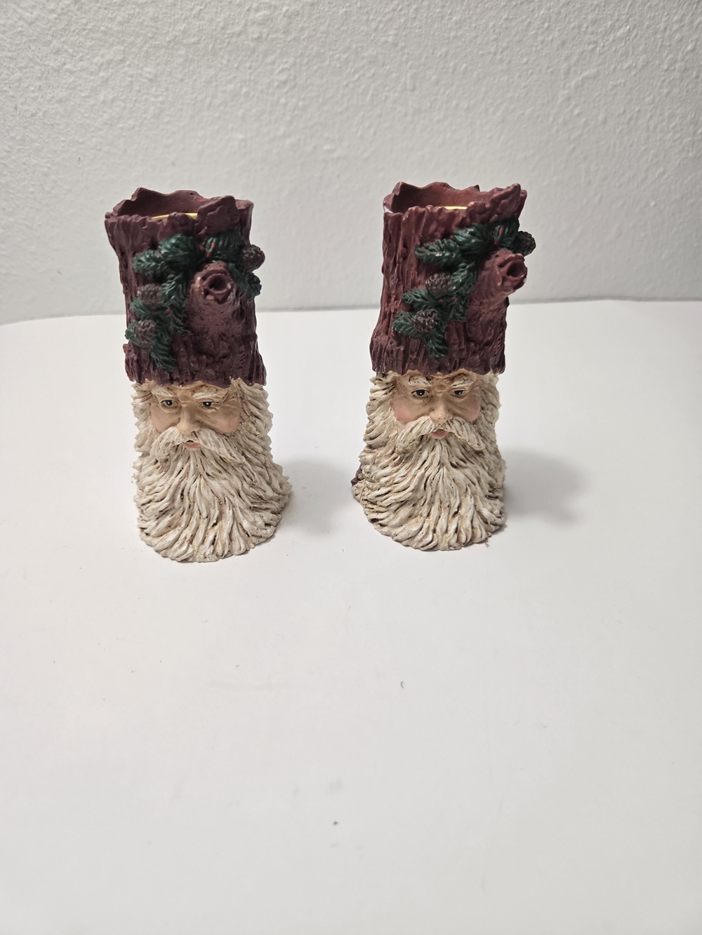 2- Vintage Woodland Santa Claus Resin Taper Candle Holders